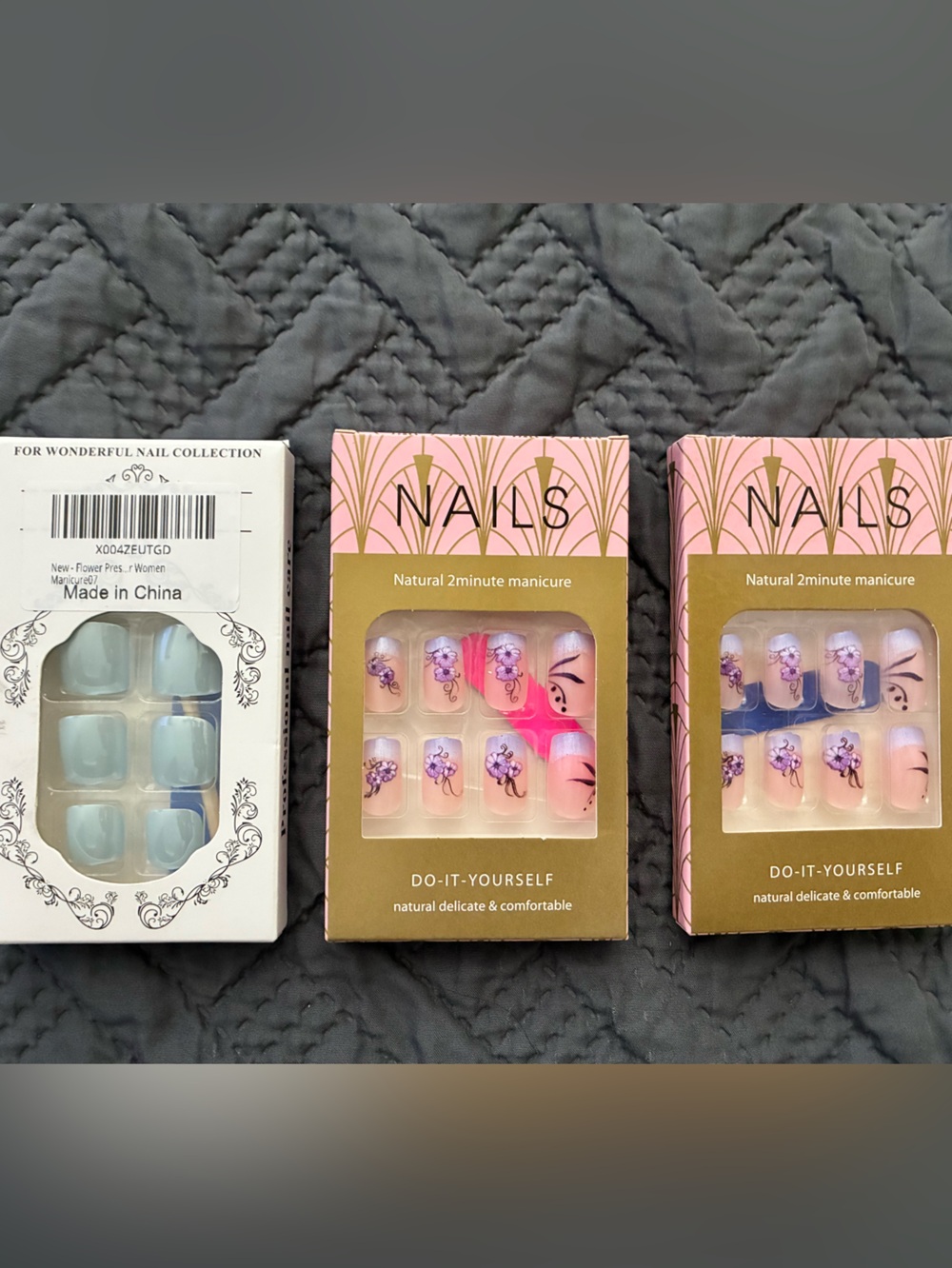 Amazon Women Makeup Press-On Nails Lavender Floral and Blue Chrome Sets